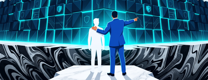 Man in front of digital wall graphic